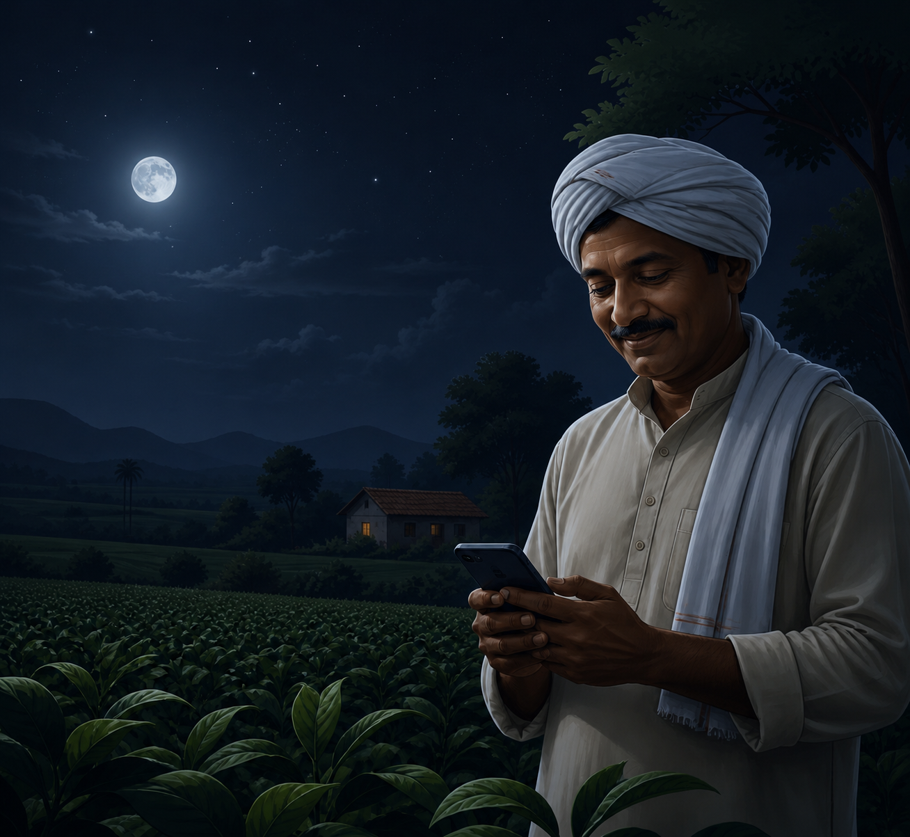 Indian farmer in green crop field using Vaidhara AI farming app on smartphone